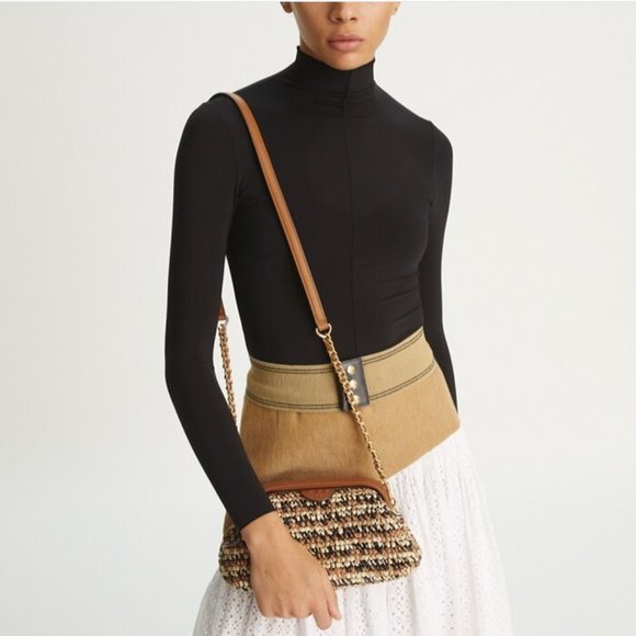 🥰 Tory Burch LEMING SOFT RAFFIA SMALL FRAME CROSSBODY - Picture 2 of 12